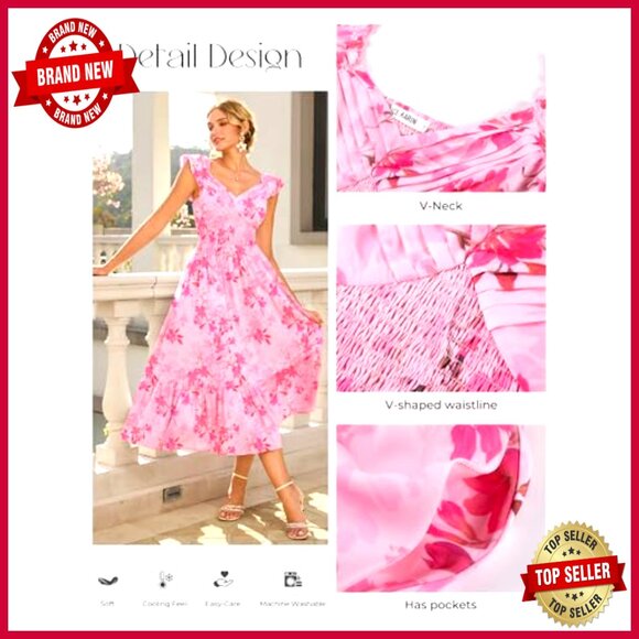 Floral Maxi Dress Ruffle Sleeve Smocked Sundress Flowy Wedding Guest Long - Picture 2 of 7